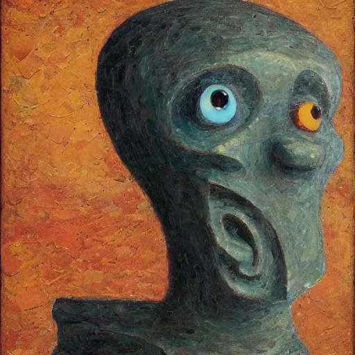 Prompt: an impasto painting by shaun tan of an abstract sculpture by the caretaker ( 1 8 9 9 )
