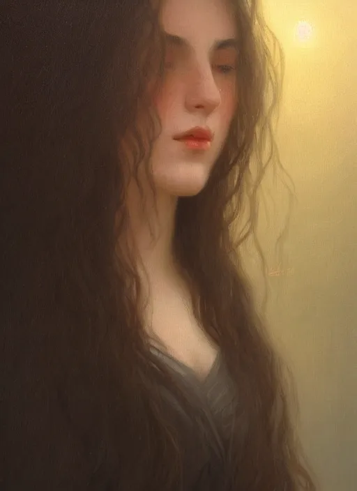 Image similar to oil painting close up portrait of a contemplative young woman with long dark flowing hair in a black dress, surrounded by white lilies!! at sunset, hazy, digital art, chiaroscuro, artstation, cinematic, golden hour, digital art painting by greg rutkowski, william - adolphe bouguereau, hazy atmosphere, cinematic lighting