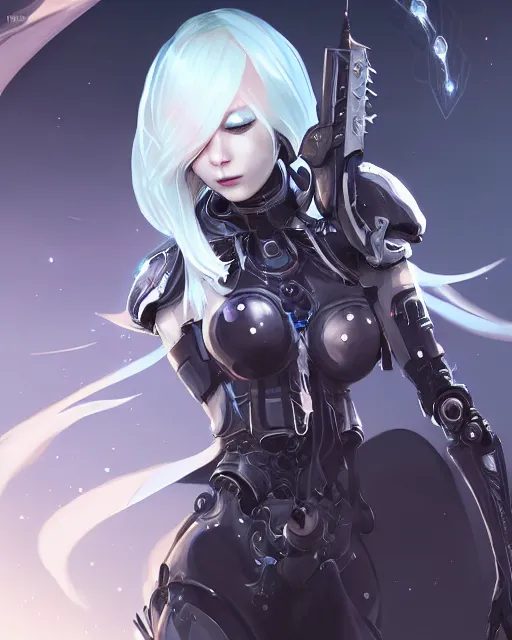 Image similar to holy cyborg necromancer girl, elegant, perfect face, scifi, futuristic, utopia, garden, illustration, atmosphere, warframe, blue eyes, white hair, focused, artstation, nier automata, highly detailed, art by yuhong ding and chengwei pan and serafleur and ina wong