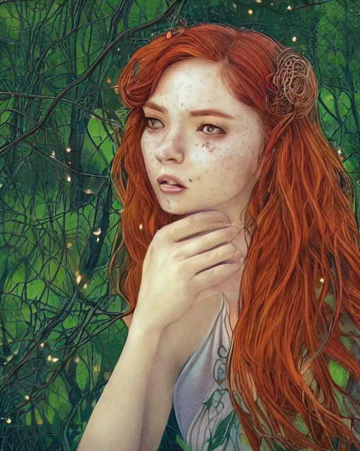 Prompt: a young woman, admiring the lights of golden fireflies, sitting in the midst of nature fully covered, long loose red hair, intricate linework, green eyes, small nose with freckles, oval shape face, soft happy smile, realistic, expressive emotions, mystical scene, hyper realistic ultrafine detailed illustration by james jean