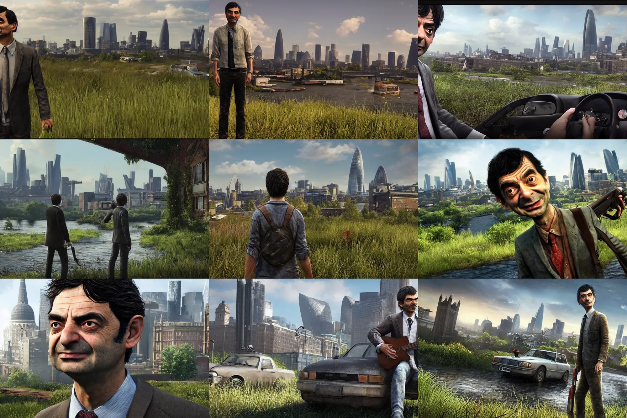 Prompt: a screenshot of mr. bean in the video game the last of us with the skyline of london behind him. 3 d rendering. unreal engine. amazing likeness. very detailed. cartoon caricature.