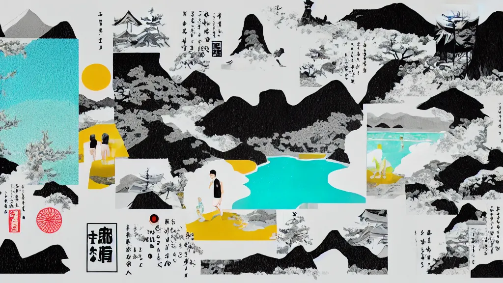 Image similar to japan natural hot spring, a collage painting, in the style of wes anderson, lola dupre, david hockney, isolated on negative white space background dark monochrome neon spraypaint accents volumetric octane render