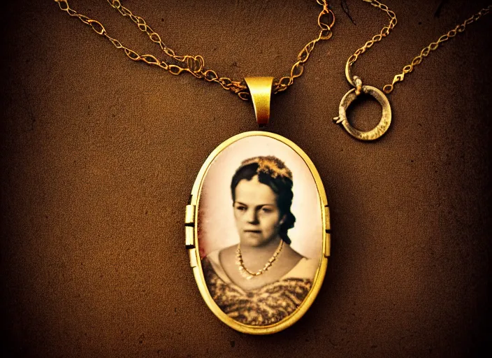 Image similar to old retro burnt out sepia photograph with scratches of a golden necklace with a hanging tiny slim open oval rusty golden locket pendant with a retro photo of an elegant and aesthetic woman royalty portrait. forest background with bokeh. Antique. High quality 8k. Intricate. Sony a7r iv 35mm. Award winning