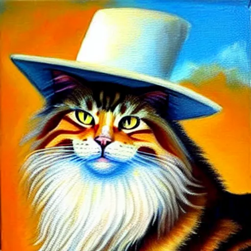 Image similar to beautiful oil painting of an orange mainecoon with a white beard. wearing a white wide brimmed sombrero