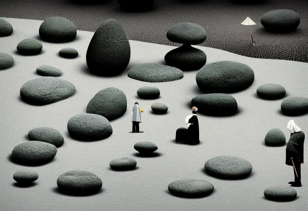 Image similar to a lone priest raking stones in a zen garden kyoto, japan, a collage painting, in the style of wes anderson, lola dupre, david hockney, isolated on negative white space background dark monochrome fluorescent neon spraypaint accents volumetric octane render