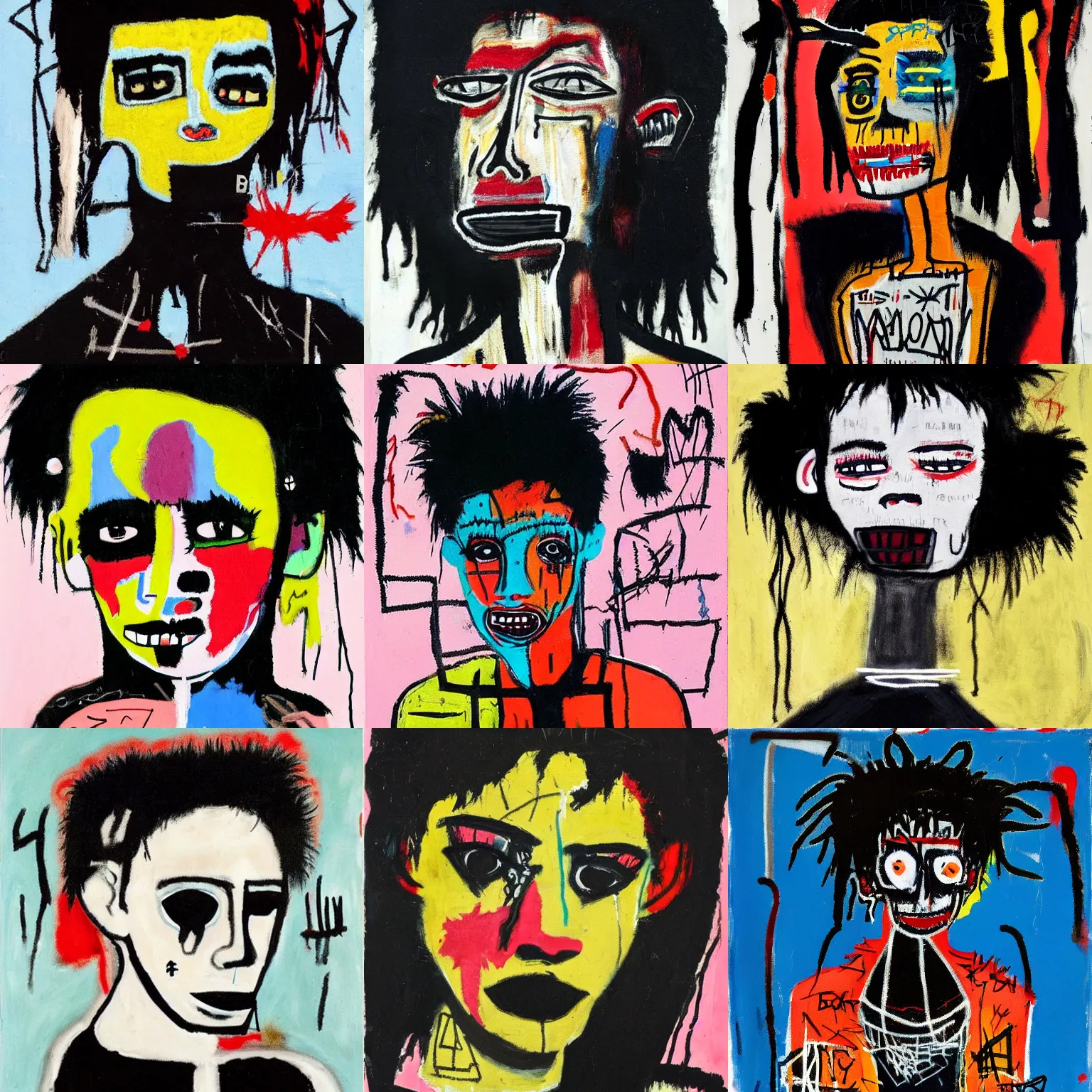 Prompt: A goth painted by Jean-Michel Basquiat. Her hair is dark brown and cut into a short, messy pixie cut. She has a slightly rounded face, with a pointed chin, large entirely-black eyes, and a small nose. She is wearing a black tank top, a black leather jacket, a black knee-length skirt, a black choker, and black leather boots.