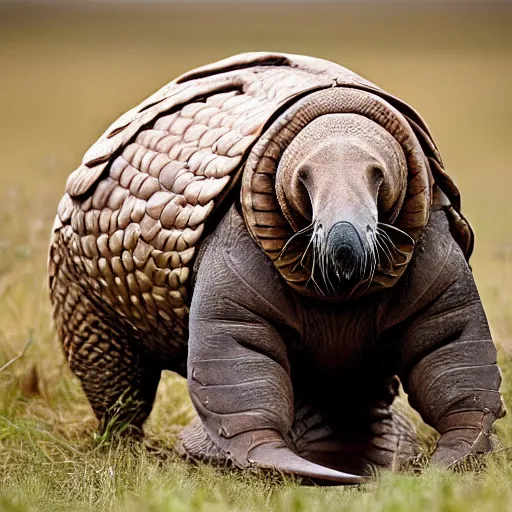 Image similar to a Walrus with the armor of a pangolin, national geographic photograph