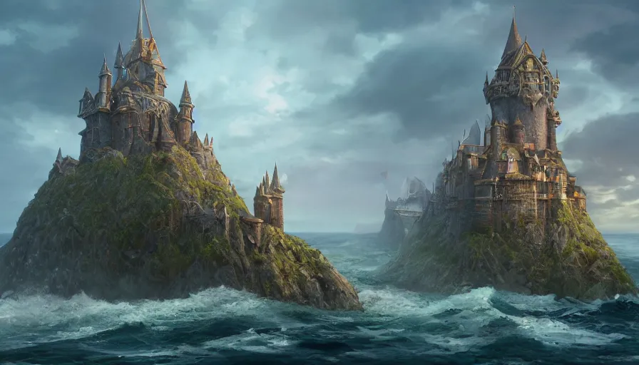 Image similar to a beautiful photo realistic still image looking across a crystal clear sea at stormwind castle from the warcraft movie, by greg rutkowski and kalin popov, trending on artstation, masterpiece,