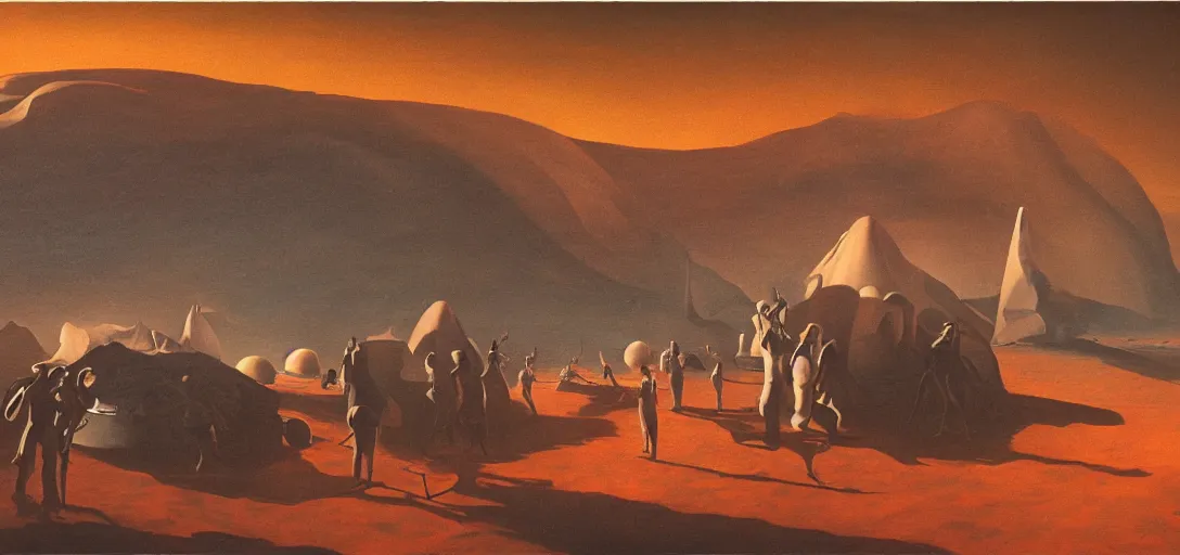 Prompt: a surreal painting of a classic rich people party on the surface of mars, volumetric lighting