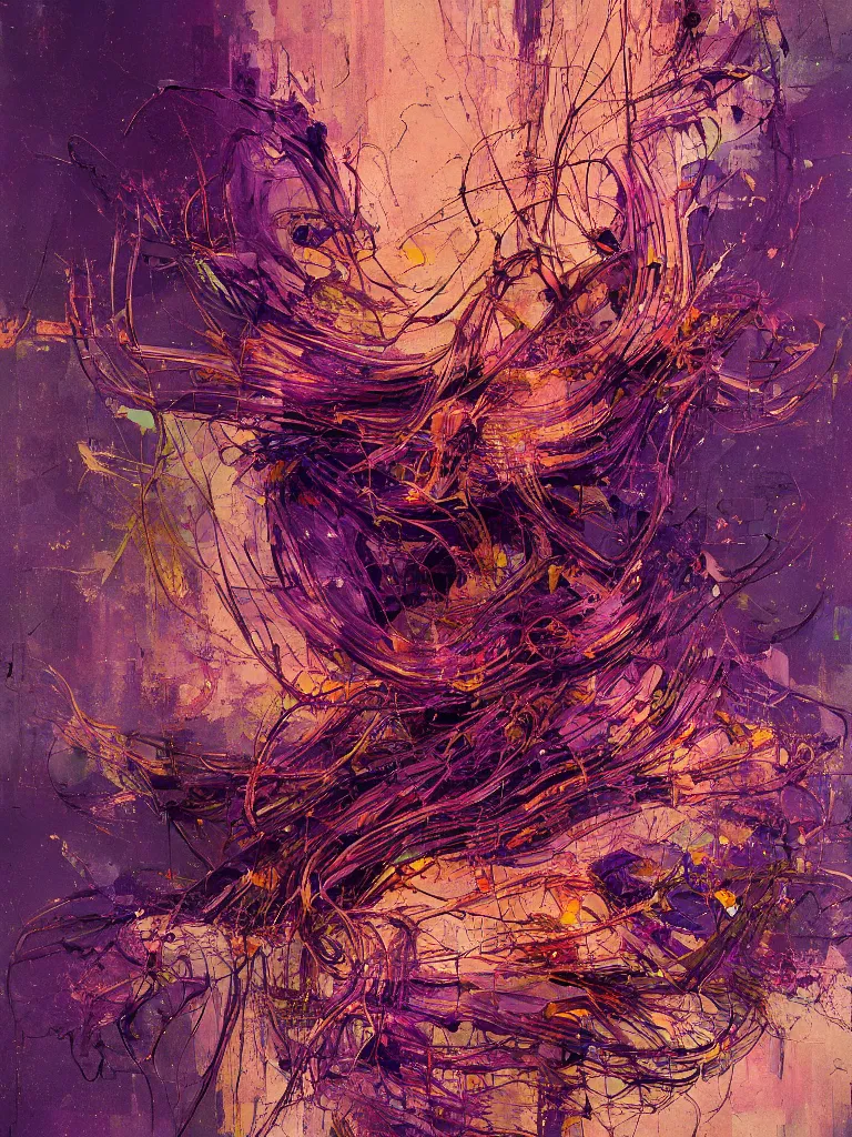 Prompt: a beautiful glitched abstract painting by dale witherow of a glitched human nervous system by robert proch, color bleeding, pixel sorting, copper oxide material, brushstrokes by jeremy mann, studio lighting, pastel purple background, square shapes