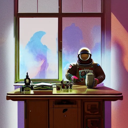 Image similar to a single cosmonaut in a spacesuit drinks a steaming cup of tea at an old wooden desk in a richly decorated house. the autumn light comes in through a window and dimly illuminates the room, diffuse light :: by beeple and James Gilleard and Justin Gerard ::