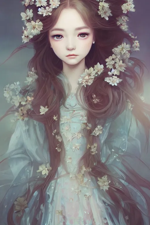 Image similar to romantic and fashion and love princess of the flower with sheath dress, 8 k realistic, teenager girl, baroque, symmetrical, flowing hair, smile, trending pinterest and pixiv, muted colors, hyperrealistic, l close up shot, character concept art, face by kyoung hwan kim, alexandra fomina, ilya kuvshinov