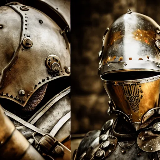 Image similar to steam punk knight wearing armor, steam comes out of the armor, shallow depth of field, moody lighting, 8 k,