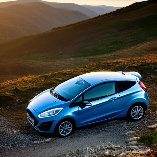 Prompt: red ford fiesta mk 5 zetec on a mountain road, spain, award winning photograph, golden hour
