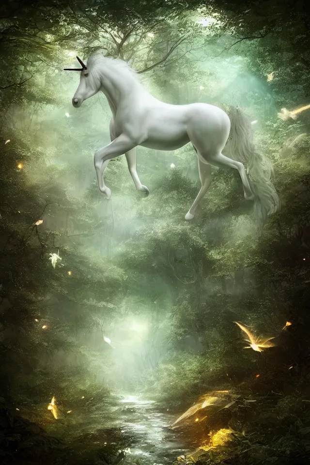 Prompt: a white unicorn in the forest, fireflies flying, dreamy and crystalline atmosphere ， super wide angle ， matte painting ， rtx on ， trending on cgsociety and artstation, volumetric light ， surreal