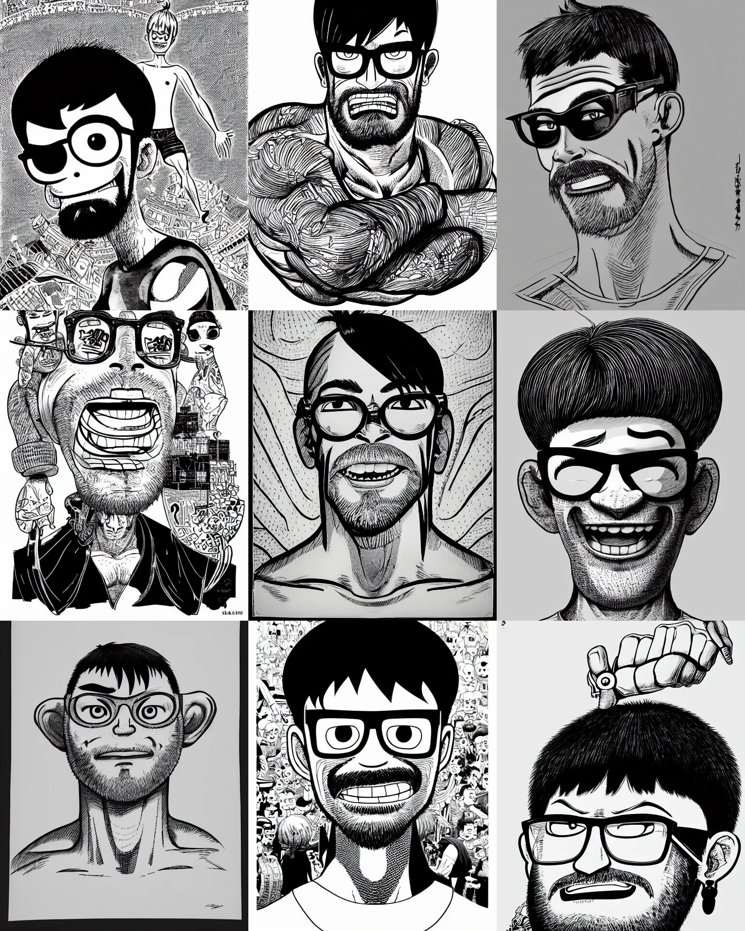 Prompt: highly detailed ink illustration of a buff smiling man with long stubble, muscular neck, rectangular square shaped glasses and a black bowl cut, wearing a black tshirt, b & w clean shaped illustration by kim jung gi, jamie hewlett, junji ito, ron english and eiichiro oda