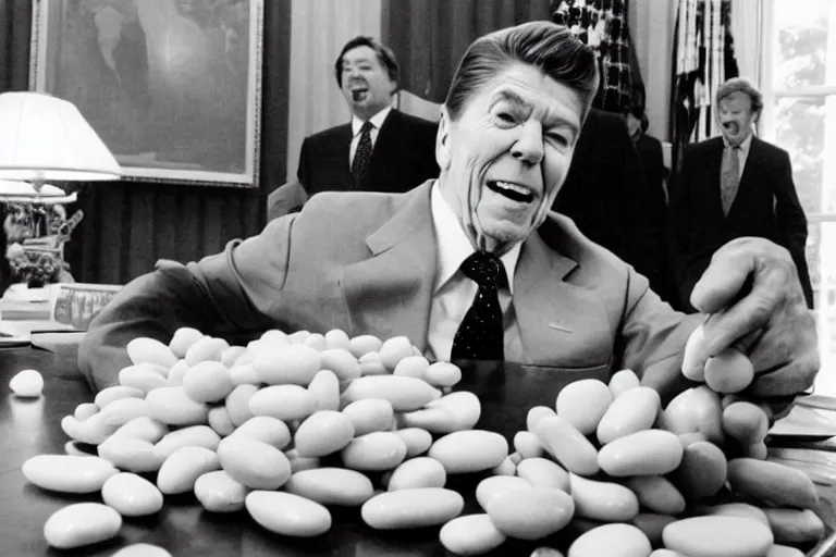 Prompt: 1 9 8 5 black and white photograph of ronald reagan dumping a huge bowl of jelly beans into his gaping maw, in the oval office