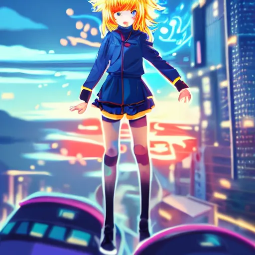 Image similar to Splash art Anime loli, blond hair with pigtails, blue coat and black shorts, she flies by using blue neon powers through the city. Cinematic sunset, faint orange light. Amazing piece Trending on Artstation