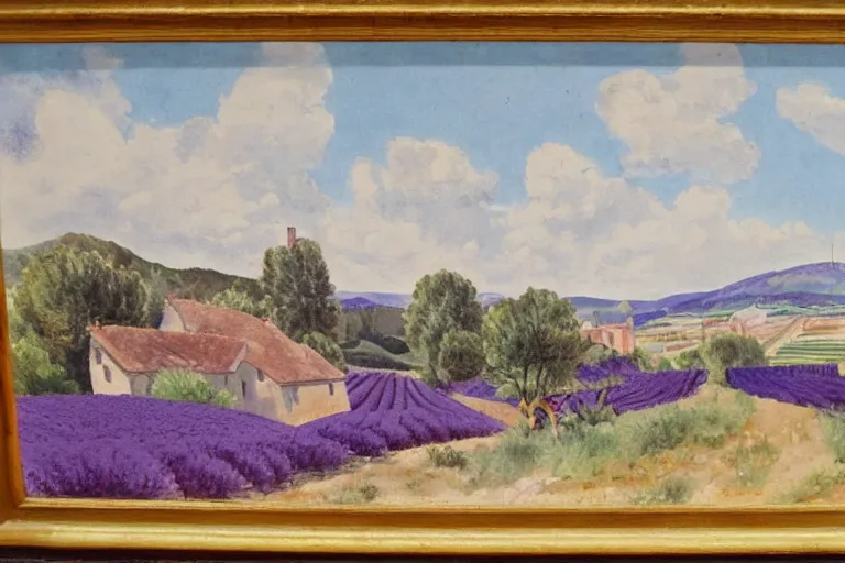 Image similar to Masterpiece of a large Provence landscape, country side and small town, gouache, by Jean Hugo, without canvas, more lavender purple color, more rocks