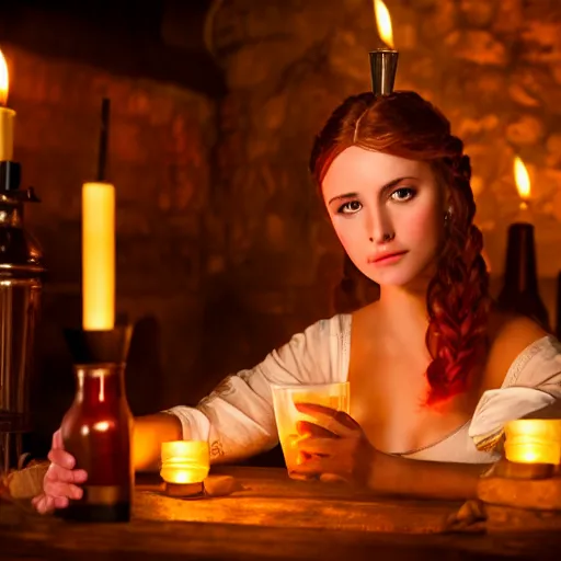 Image similar to young attractive beautiful bar maid in a medieval tavern at night with candles, wow 4 k detail fantasy, matte painting, realistic materials, photo realistic, postprocessing, cinematic, hyperrealistic, studio lighting, photography by richard jenkins