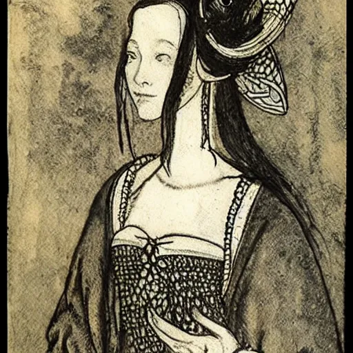 Image similar to Anne Boleyn growing bird wings and a beak, she is sad, style of Arthur Rackham