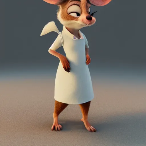 Image similar to 3 d render, portrait, headshot, closeup, anthropomorphic mouse, female, in a maxi white dress, in the style of zootopia, closeup