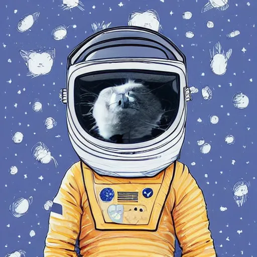 Prompt: a cat wearing an astronaut helmet, flying through the galaxy with background by james jean