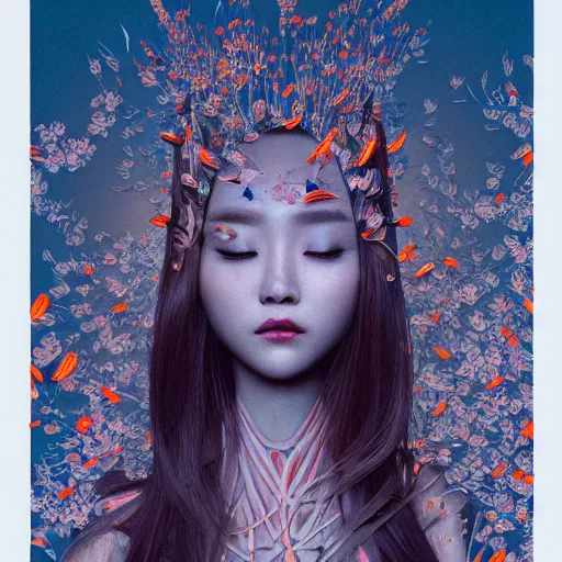 Image similar to the head of an incredibly beautiful and elegant korean woman partially made of carrots and blueberries looking up, an ultrafine detailed illustration by james jean, final fantasy, intricate linework, bright colors, behance contest winner, vanitas, angular, altermodern, unreal engine 5 highly rendered, global illumination, radiant light, detailed and intricate environment