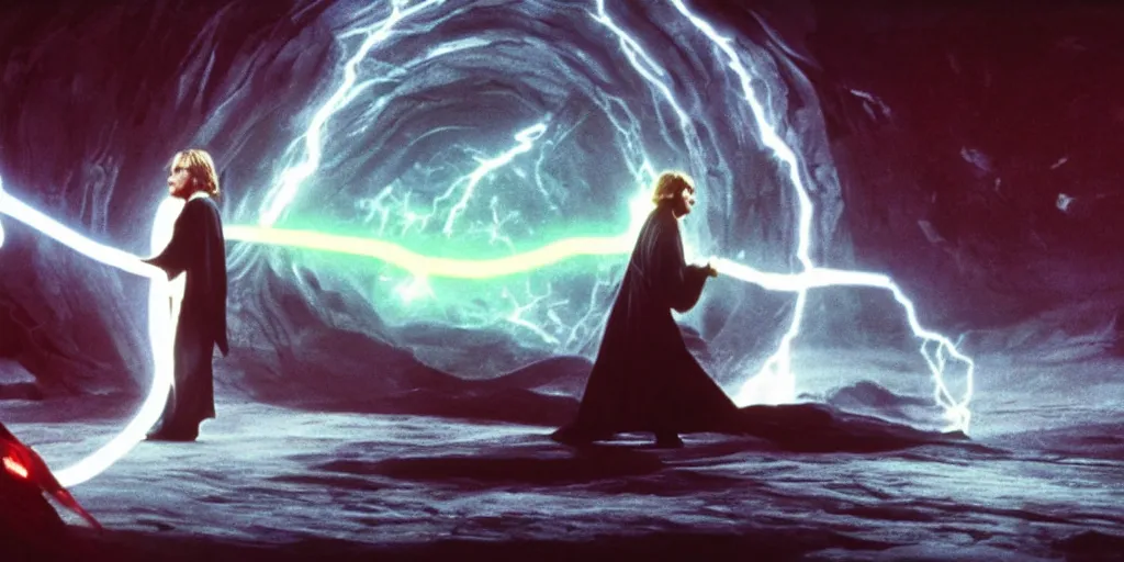 Prompt: screenshot of a dark sith lord in a robe with electricity fighting Luke Skywalker, on a planet of maelstrom,, chaos, the world without form and void, 1970s film by Stanley Kubrick, iconic scene, stunning cinematography, hyper detailed, sharp, anamorphic lenses, kodak color, 4k, stunning