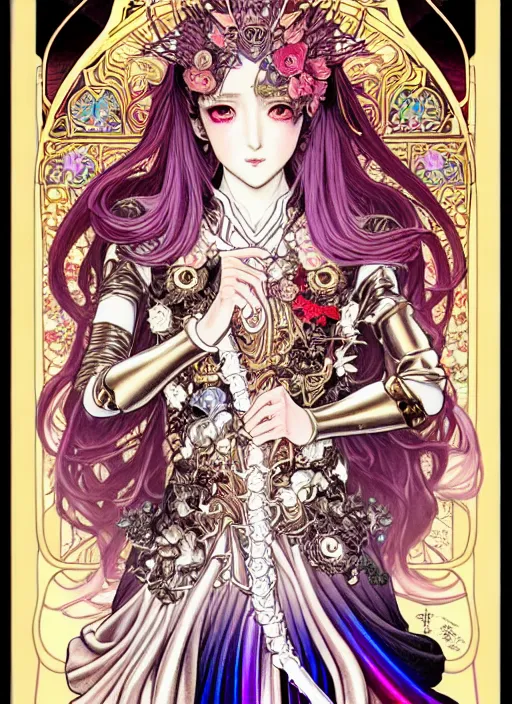 Prompt: legend of the cryptids highly detailed terada katsuya ayami kojima atrstation manga poster of princess mechine, anotherwanderer, rainbow gradient reflection, cute face by artgerm, art nouveau, long hair, armor, dress, laces, ruffles, 8 k, maximalist, golden ratio, alphonse mucha