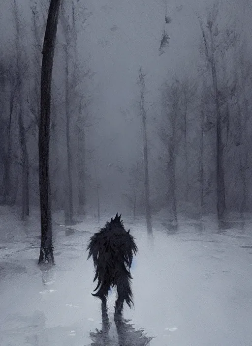 Image similar to jakub rozalski artstation, werewolf lurking in a snowstorm