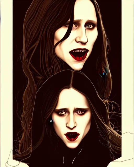 Image similar to in the style of Joshua Middleton, moody lighting, beautiful evil vampire Taissa Farmiga sharp bloody vampire fangs, evil smile showing fangs, symmetrical eyes, realistic face, symmetrical face, brown leather jacket, jeans, long black hair, full body, Rafael Albuquerque art