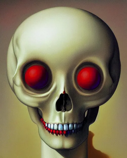 Image similar to a surrealistic head and shoulder painting of a gorgeous human skull with eyeballs and red lipstick, in the style of rene magritte and zdzislaw beksinski and mark ryden, digital art, detailed masterpiece
