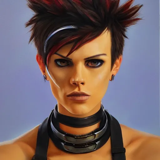 Image similar to oil painting of punk looking tracer wearing steel choker,