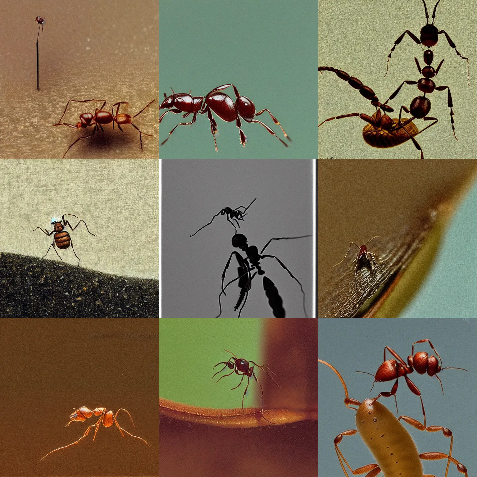 Prompt: Macro photography, a tiny man riding an ant, illustrated by Michael Sowa, but as photography