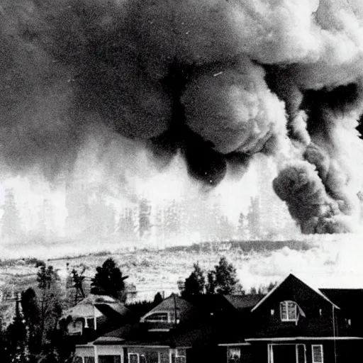 Prompt: 1 9 9 0 s newspaper photo of a burning suburban neighborhood with an explosion in the background.