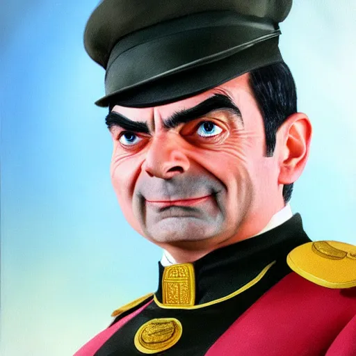 Image similar to ultra realistic portrait painting of mr bean as m. bison from street fighter, art by frank frazetta, 4 k, ultra realistic, highly detailed, epic lighting