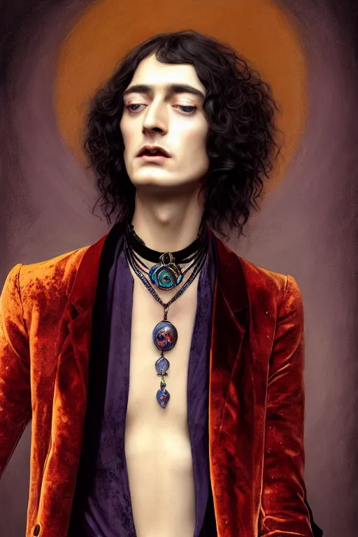 Prompt: a beautiful androgynous man, long hair, tall and thin, dressed in velvet, rock star, young jimmy page, wearing several pendants and a choker, illustration, dramatic lighting, soft details, painting, art nouveau, octane render, 8 k, hd, by edmund blair leighton, brom, charlie bowater, faces by otto schmidt