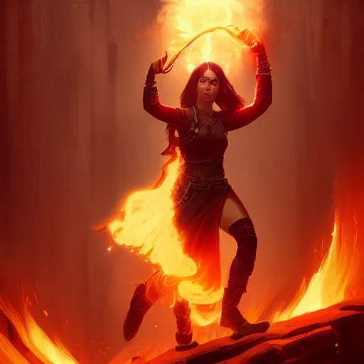 Image similar to fantasy art of a power female fire mage in the style of greg rutkowski, detailed, cinematic, movie poster