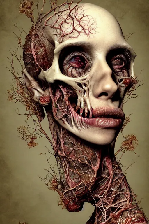 Image similar to very sad and detailed rotten woman corpse with fractal ornate growing around her face muscles, veins, arteries, bones, anatomical, skull, eye, ears, intricate, surreal, ray caesar, john constable, guy denning, dan hillier