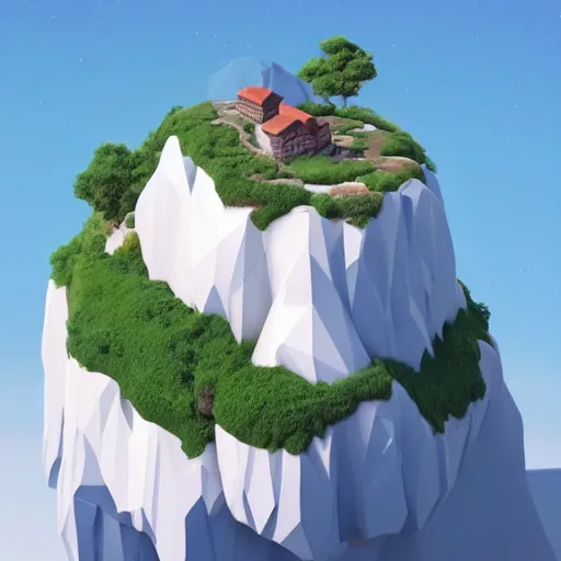 Image similar to a beautiful floating island with everest landscape isometric art, low poly art, game art, artstation, 3D render, high detail, cgsociety, octane render, sharp focus