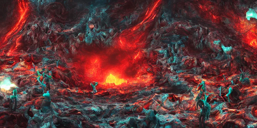 Image similar to death metal concert inside an active volcano, intricate complexity, horror, rainbow drip paint, psychedelic glitch art, trending on art station, photoreal, 8k, octane render
