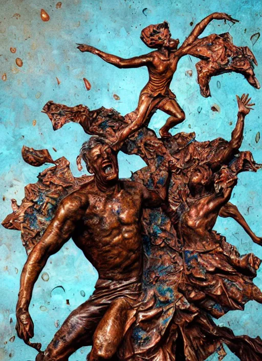 Prompt: An epic fantastic realism comic book style painting of a distressed bronze sculpture from the future by Stanislaw Szukalski, beautiful colorful flowers rain down like gilt marbled paper, turquoise ink highlights, fisheye lens, unreal 5, DAZ, hyperrealistic, octane render, dynamic lighting