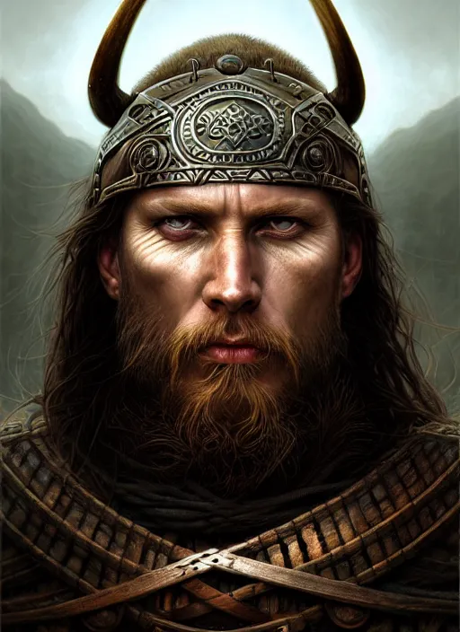 Prompt: closeup portrait shot of a viking warrior in a scenic dystopian environment, intricate, elegant, highly detailed, centered, digital painting, artstation, concept art, smooth, sharp focus, illustration, artgerm, tomasz alen kopera, peter mohrbacher, donato giancola, joseph christian leyendecker, wlop, boris vallejo