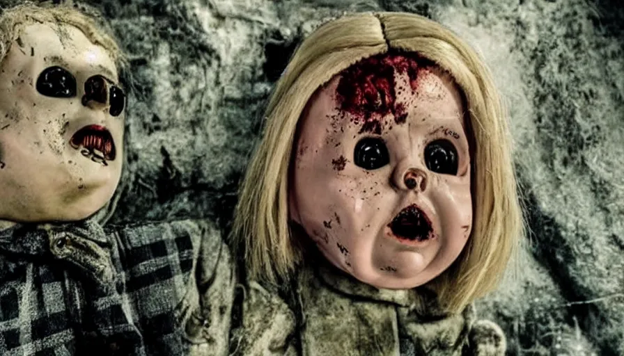 Image similar to big budget horror movie about an evil killer doll with a chainsaw