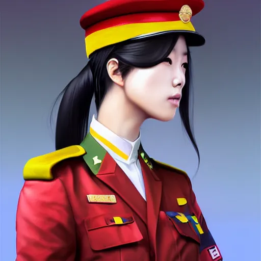 Image similar to portrait of beautiful japan woman soldier in uniform, by artgerm, nick silva, ja mong, greg rutkowsky, digital, soft painting, photorealism, skin reflections