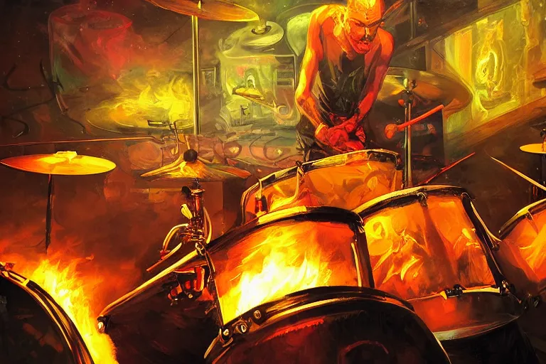 Prompt: drummer at a club playing punk rock drums on fire highly detailed, concert lighting huge speakers, atmosphere by peter mohrbacher and igor morski, very detailed, 2 4 mm lens, deep depth of field, artstation, 8 k