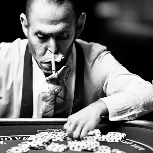 Prompt: monkey in a suit smoking a cigar and playing poker in a casino, 5 0 mm, black and white photo