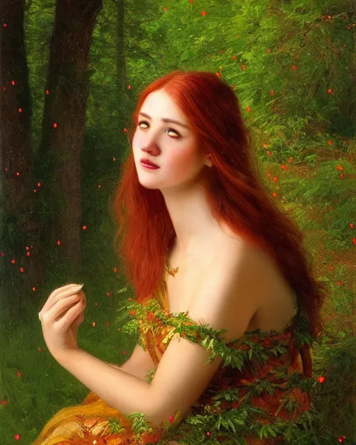 Prompt: a young woman, admiring the lights of golden fireflies, sitting in the midst of nature fully covered with a wonderful dress, long loose red hair, intricate details, green eyes, small nose with freckles, oval shape face, soft happy smile, realistic, expressive emotions, hyper realistic highly detailed art by albert bierstadt