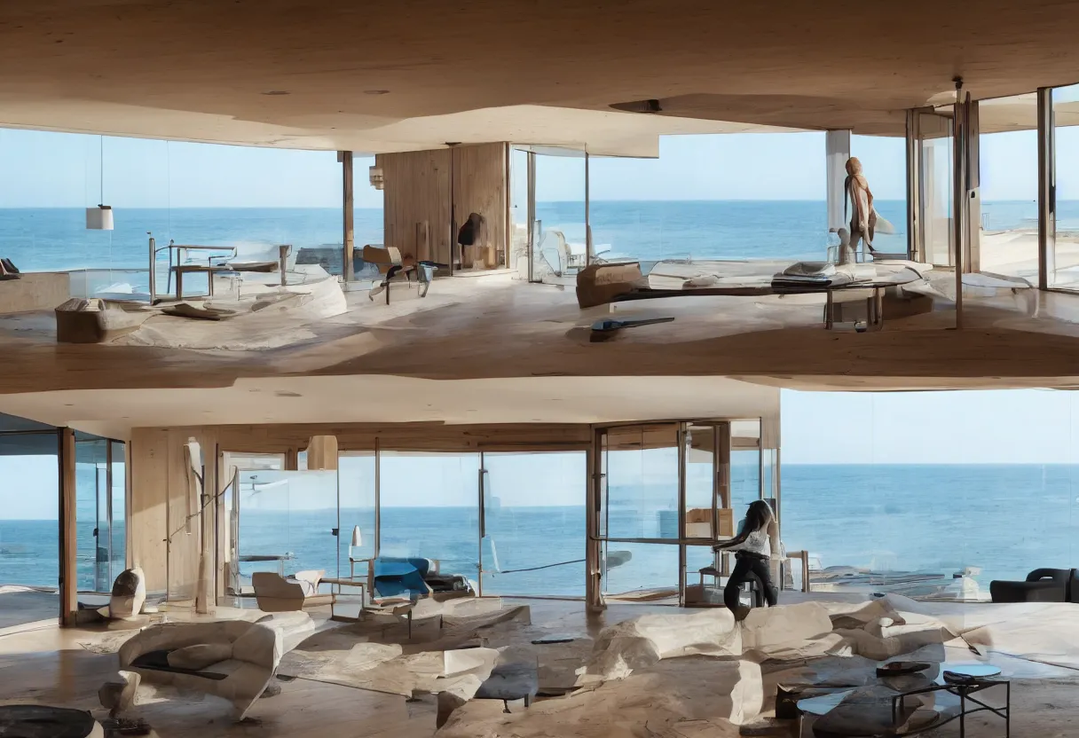 Prompt: Modern interior of a house with big windows, modern furniture at dawn, Located on a cliff view to the sea, detailed architecture coherent high detail